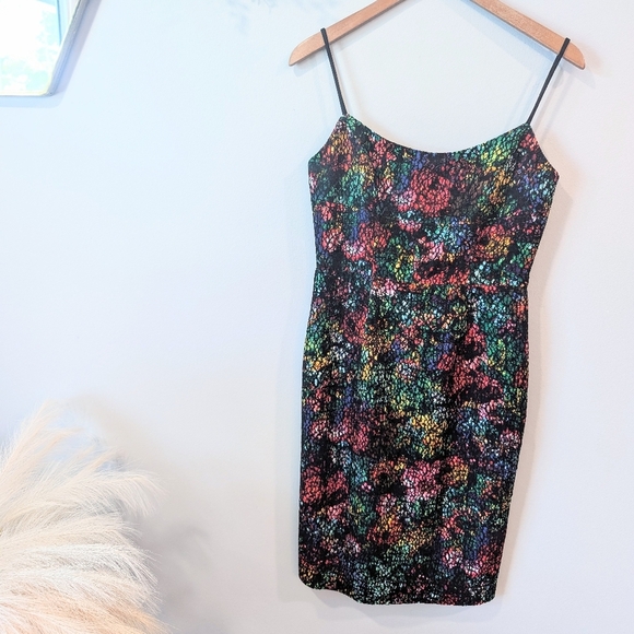 Black Halo Dresses & Skirts - Black Halo Multicolored Overlay Spaghetti Strap Mini Dress Sz. 6
